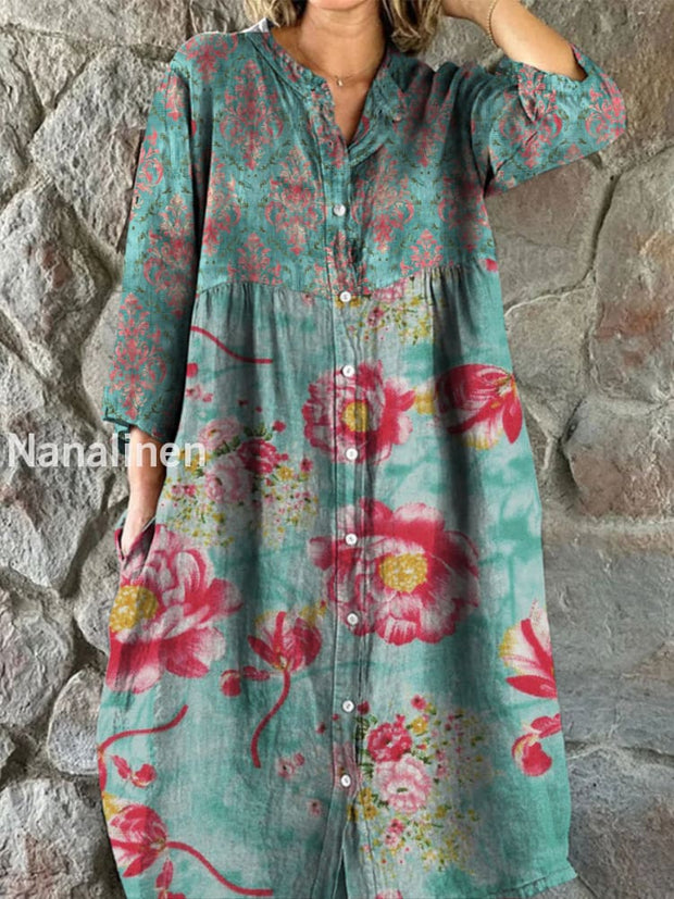 Retro Boho Floral Art Print Vintage Chic V-Neck Button Up Long Sleeve Midi Dress A / S