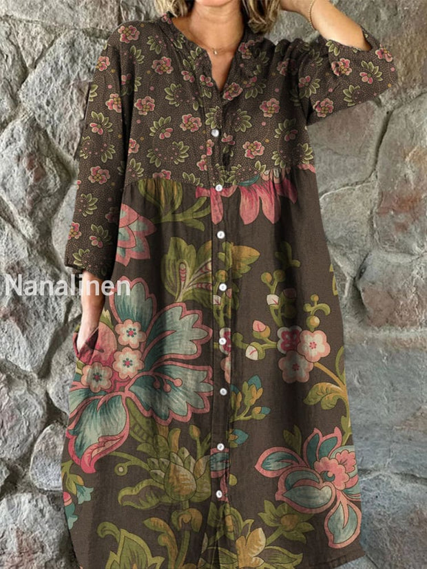 Retro Boho Floral Art Print Vintage Chic V-Neck Button Up Long Sleeve Midi Dress A / S