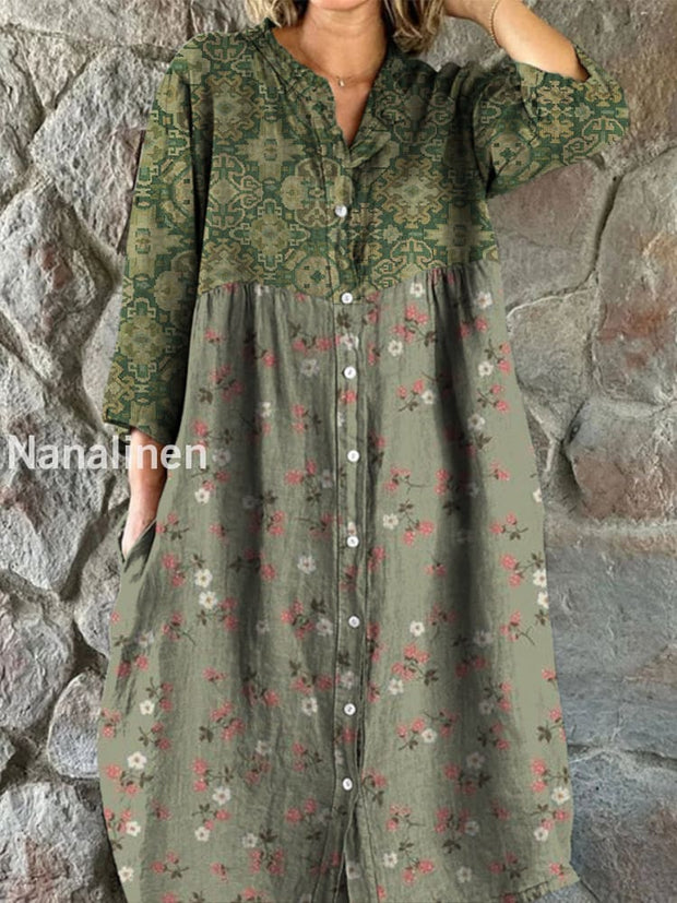 Retro Boho Floral Art Print Vintage Chic V-Neck Button Up Long Sleeve Midi Dress A / S