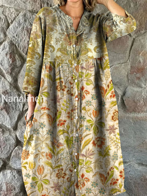 Retro Boho Floral Art Print Vintage Chic V-Neck Button Up Long Sleeve Midi Dress A / S