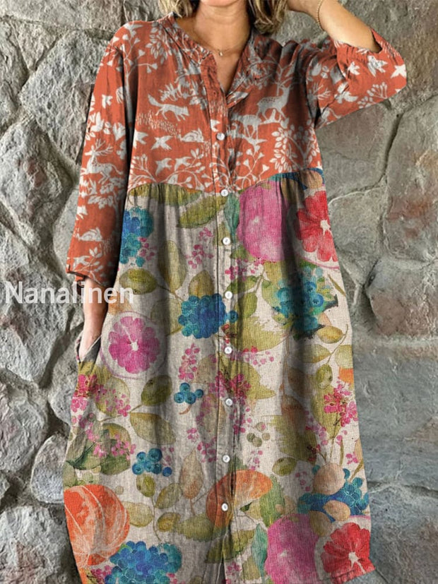 Retro Boho Floral Art Print Vintage Chic V-Neck Button Up Long Sleeve Midi Dress A / S