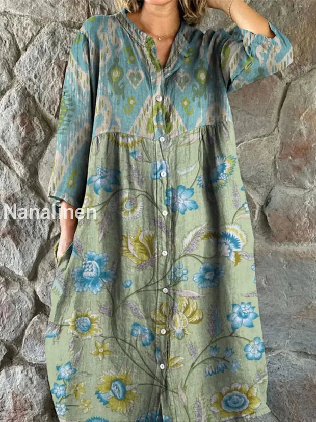 Retro Boho Floral Art Print Vintage Chic V-Neck Button Up Long Sleeve Midi Dress A / S