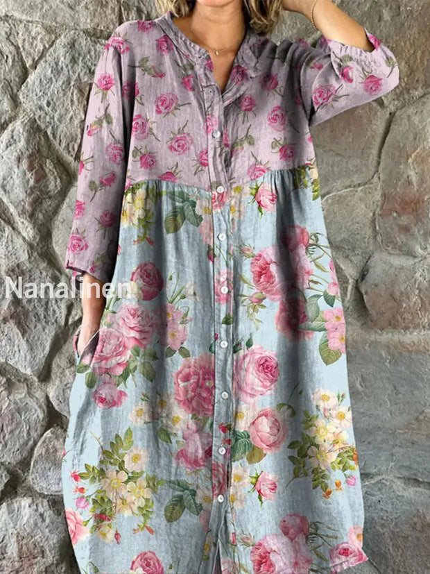 Retro Boho Floral Art Print Vintage Chic V-Neck Button Up Long Sleeve Midi Dress A / S