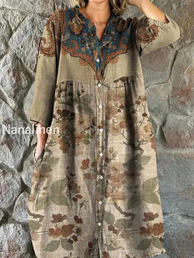 Retro Boho Floral Art Print Vintage Chic V-Neck Button Up Long Sleeve Midi Dress A / S