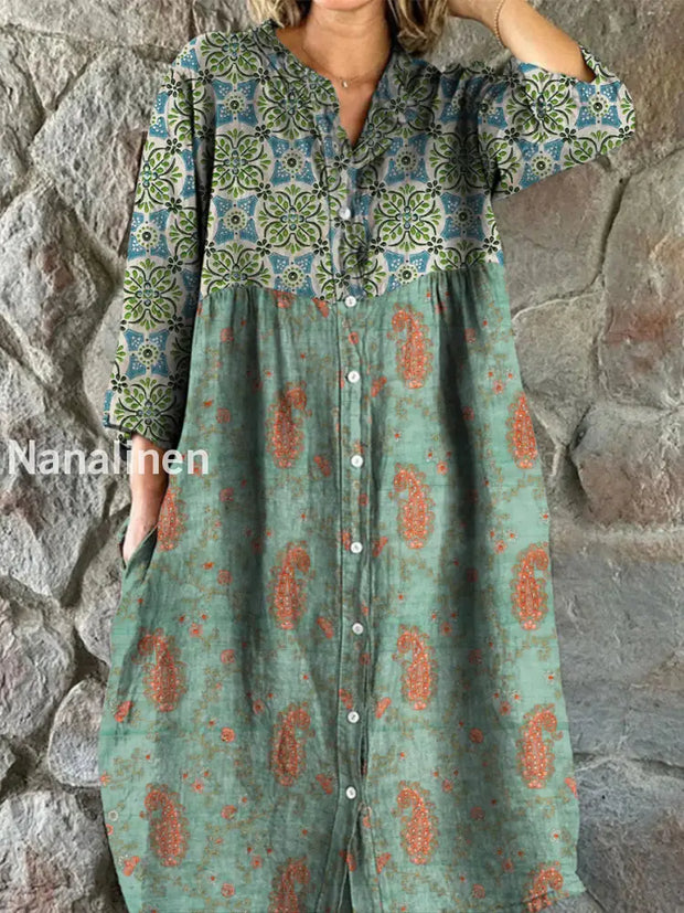 Retro Boho Floral Art Print Vintage Chic V-Neck Button Up Long Sleeve Midi Dress A / S