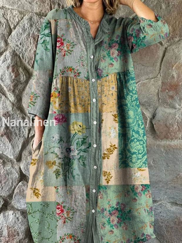 Retro Boho Floral Art Print Vintage Chic V-Neck Button Up Long Sleeve Midi Dress A / S