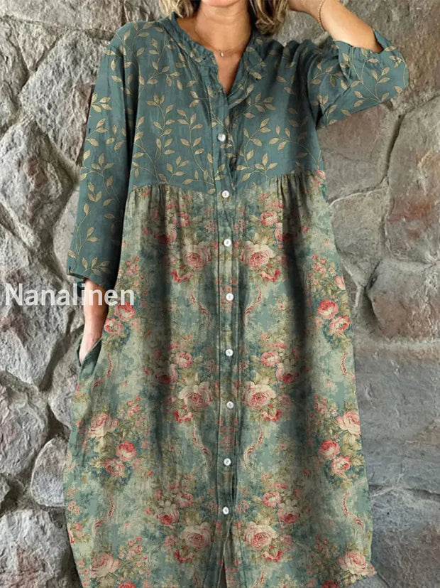 Retro Boho Floral Art Print Vintage Chic V-Neck Button Up Long Sleeve Midi Dress A / S