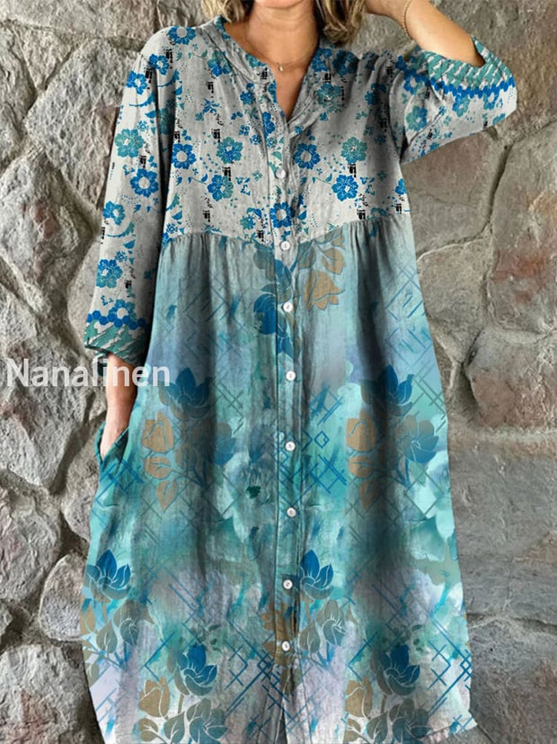 Retro Boho Floral Art Print Vintage Chic V-Neck Button Up Long Sleeve Midi Dress A / S