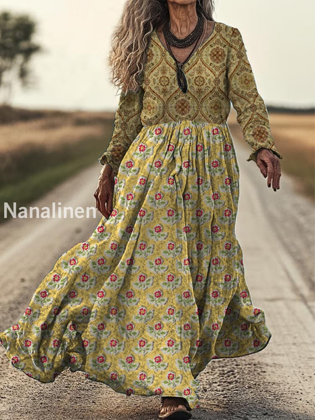 Retro Boho Floral Art Print Vintage Chic V-Neck Cotton Long Sleeve Midi Dress A / S