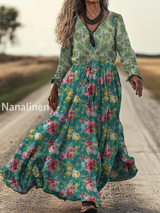 Retro Boho Floral Art Print Vintage Chic V-Neck Cotton Long Sleeve Midi Dress A / S