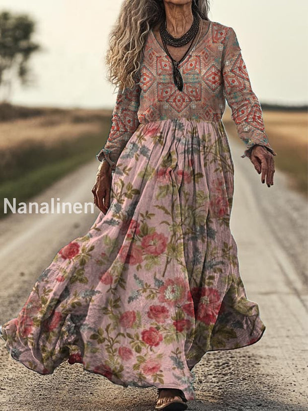 Retro Boho Floral Art Print Vintage Chic V-Neck Cotton Long Sleeve Midi Dress A / S