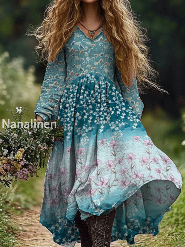 Retro Boho Floral Art Print Vintage Chic V-Neck Long Sleeve Midi Dress A / S