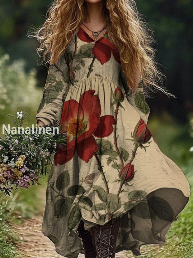 Retro Boho Floral Art Print Vintage Chic V-Neck Long Sleeve Midi Dress A / S