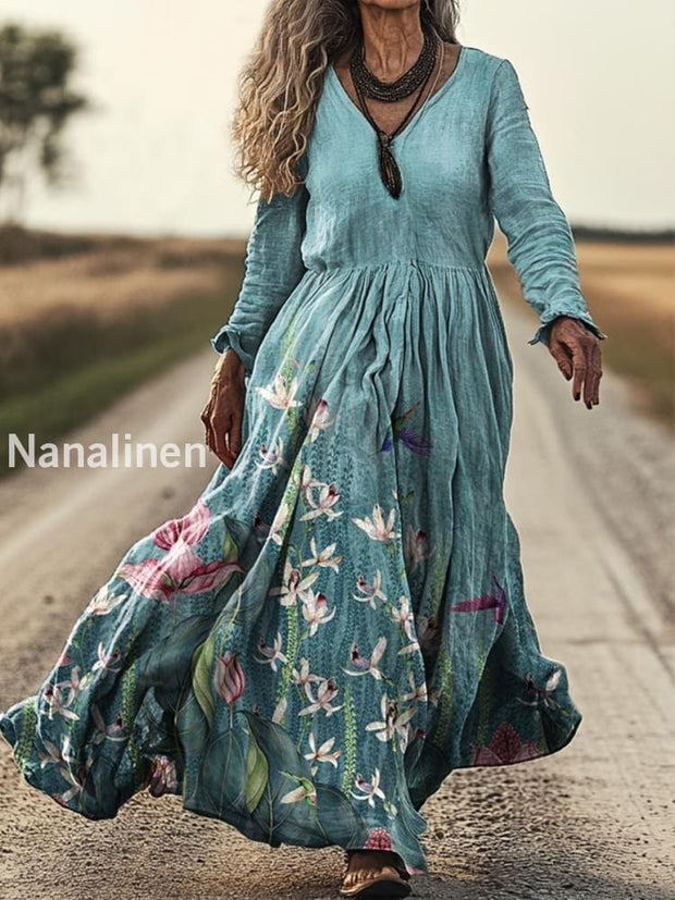 Retro Boho Floral Art Print Vintage Chic V-Neck Long Sleeve Midi Dress A / S