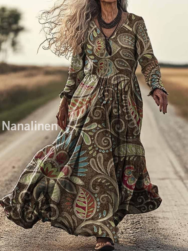 Retro Boho Floral Art Print Vintage Chic V-Neck Long Sleeve Midi Dress A / S