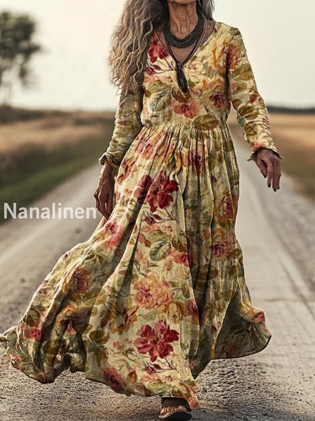 Retro Boho Floral Art Print Vintage Chic V-Neck Long Sleeve Midi Dress A / S