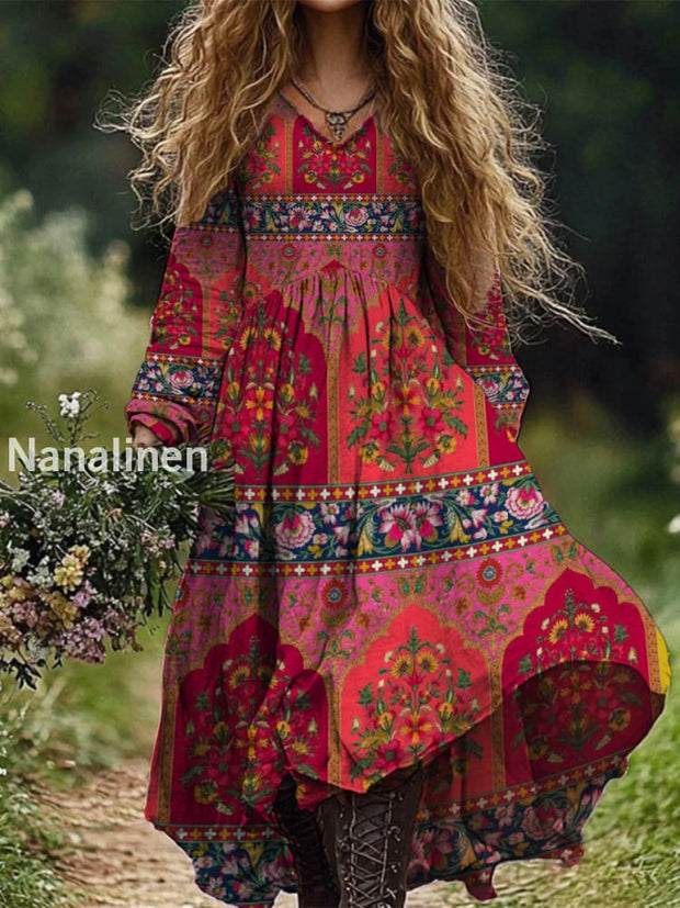 Retro Boho Floral Art Print Vintage Chic V-Neck Long Sleeve Midi Dress A / S