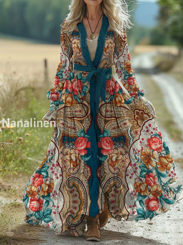 Retro Boho Floral Art Print Vintage Chic Waist Strap V-Neck Cotton Long Sleeve Midi Dress A / S