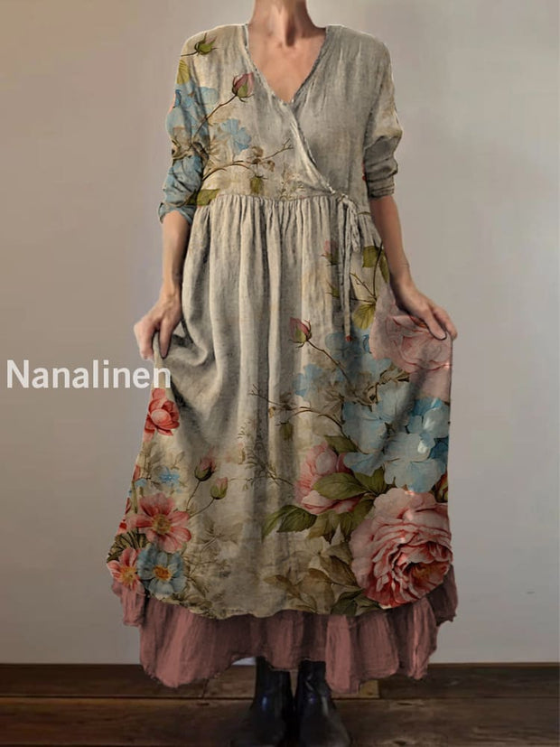 Retro Boho Floral Art Print Vintage V-Neck Double Hemline Cotton Long Sleeve Midi Dress A / S