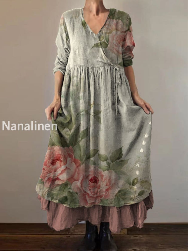 Retro Boho Floral Art Print Vintage V-Neck Double Hemline Cotton Long Sleeve Midi Dress A / S