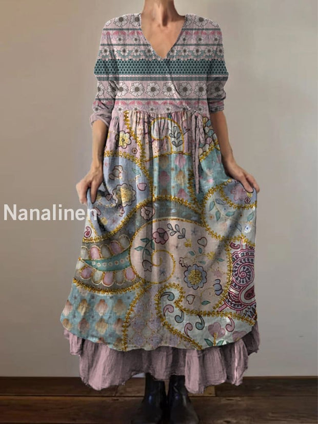 Retro Boho Floral Art Print Vintage V-Neck Double Hemline Cotton Long Sleeve Midi Dress A / S