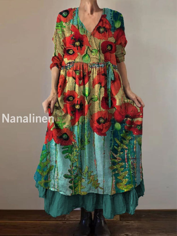 Retro Boho Floral Art Print Vintage V-Neck Double Hemline Cotton Long Sleeve Midi Dress A / S
