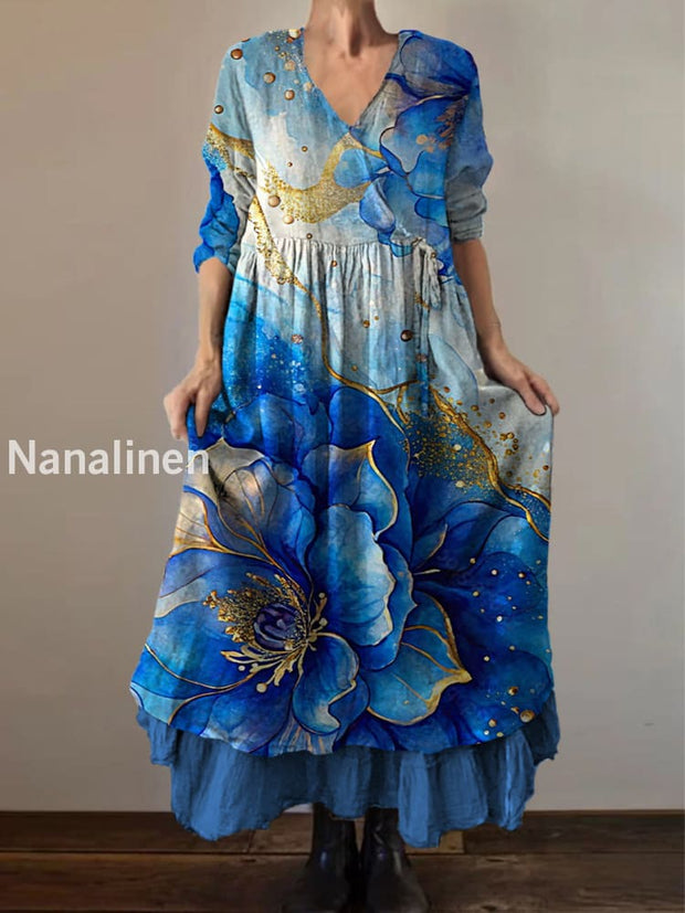Retro Boho Floral Art Print Vintage V-Neck Double Hemline Cotton Long Sleeve Midi Dress A / S