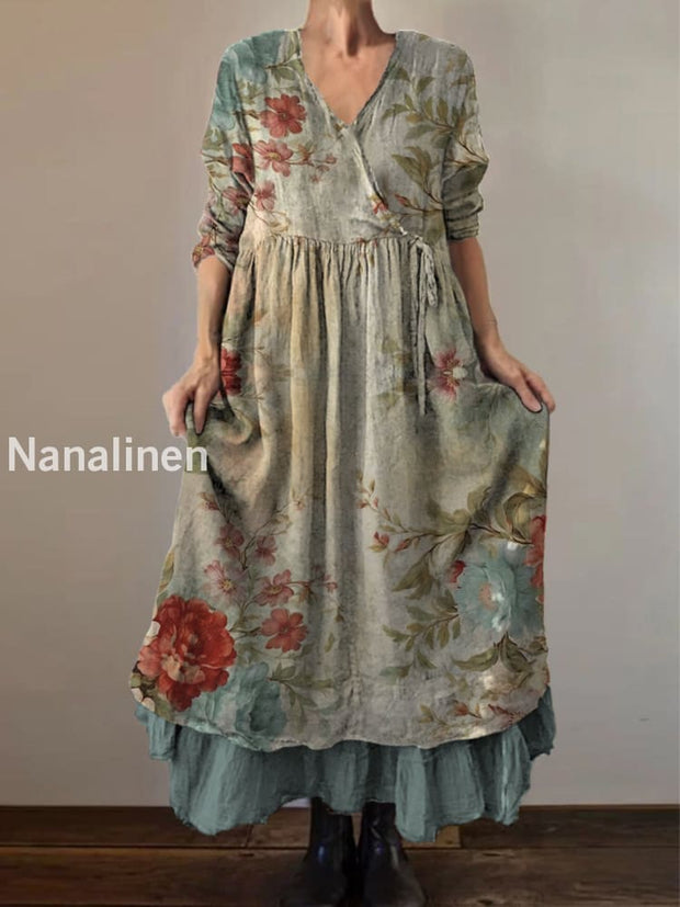 Retro Boho Floral Art Print Vintage V-Neck Double Hemline Cotton Long Sleeve Midi Dress A / S