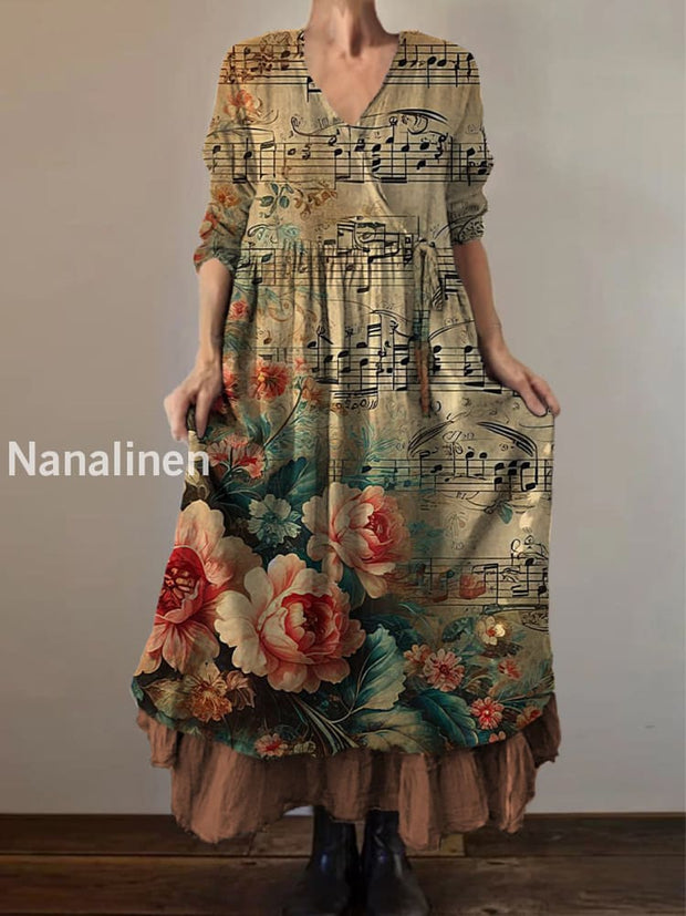 Retro Boho Floral Art Print Vintage V-Neck Double Hemline Cotton Long Sleeve Midi Dress A / S