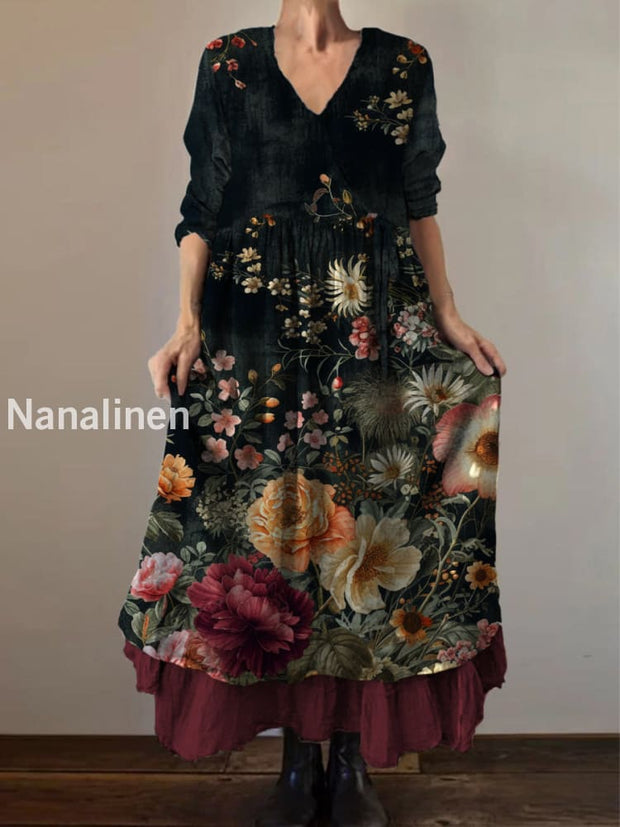 Retro Boho Floral Art Print Vintage V-Neck Double Hemline Cotton Long Sleeve Midi Dress A / S