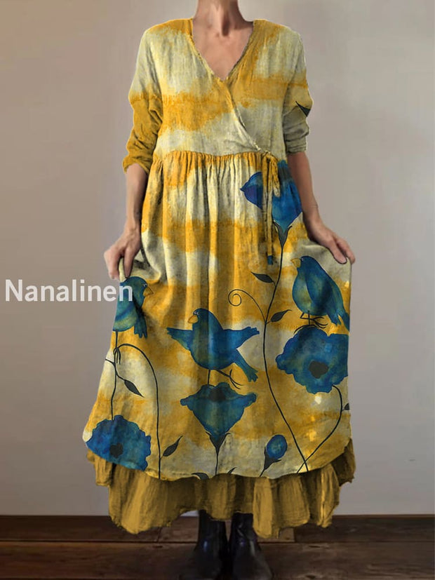 Retro Boho Floral Art Print Vintage V-Neck Double Hemline Cotton Long Sleeve Midi Dress A / S