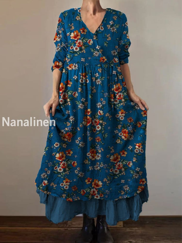 Retro Boho Floral Art Print Vintage V-Neck Double Hemline Cotton Long Sleeve Midi Dress A / S