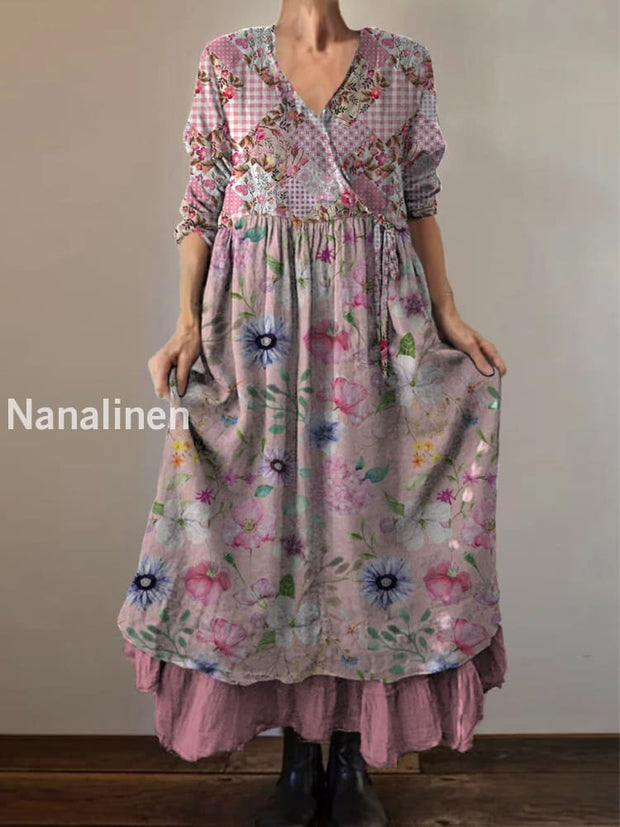 Retro Boho Floral Art Print Vintage V-Neck Double Hemline Cotton Long Sleeve Midi Dress A / S