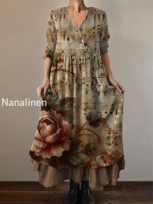 Retro Boho Floral Art Print Vintage V-Neck Double Hemline Cotton Long Sleeve Midi Dress A / S