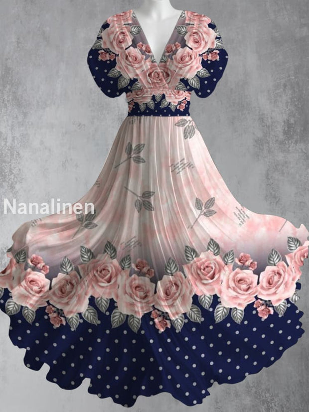 Retro Boho Floral Art Printed Elegant V-Neck Vintage Short Sleeve Maxi Dress A / S