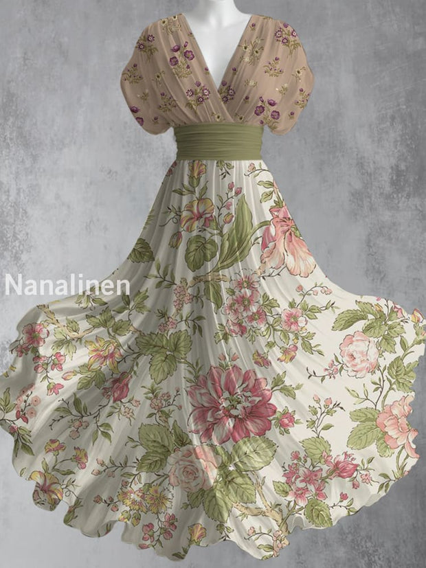 Retro Boho Floral Art Printed Elegant V-Neck Vintage Short Sleeve Maxi Dress A / S