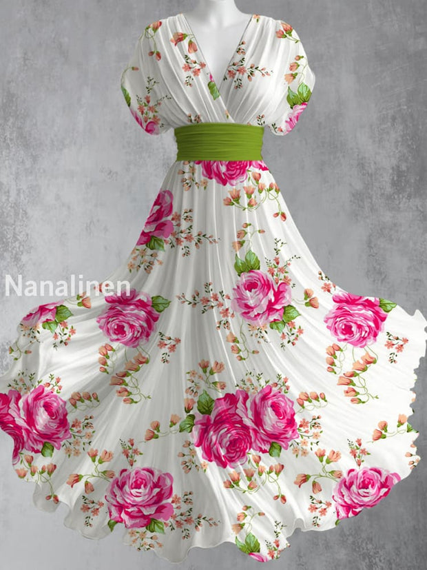 Retro Boho Floral Art Printed Elegant V-Neck Vintage Short Sleeve Maxi Dress A / S