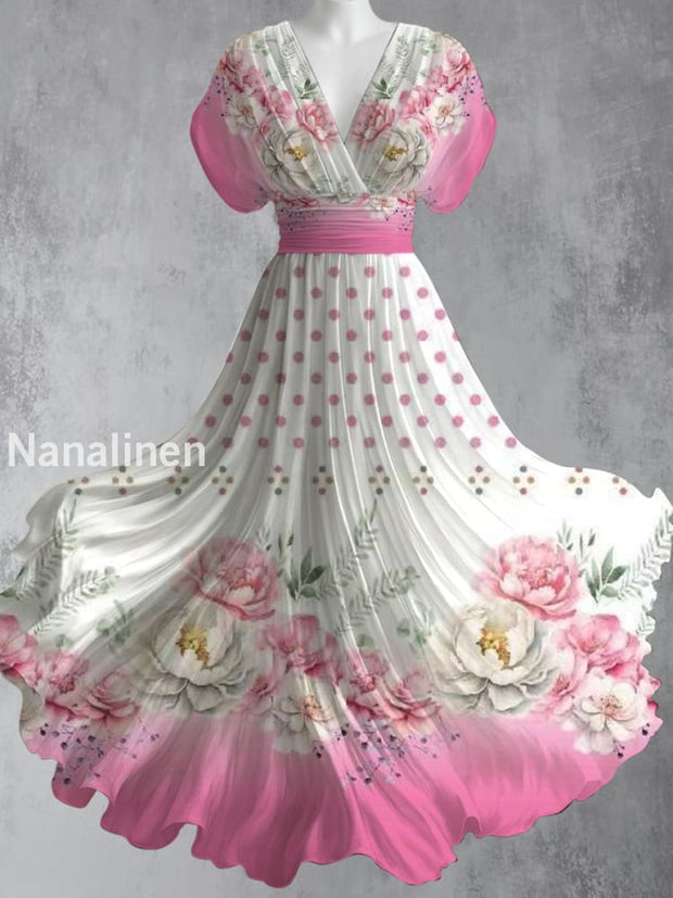 Retro Boho Floral Art Printed Elegant V-Neck Vintage Short Sleeve Maxi Dress A / S