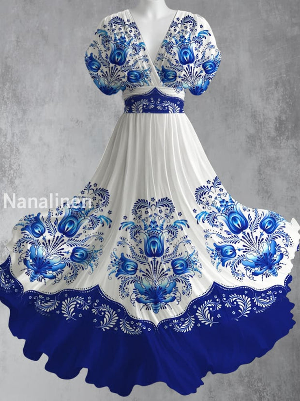 Retro Boho Floral Art Printed Elegant V-Neck Vintage Short Sleeve Maxi Dress A / S