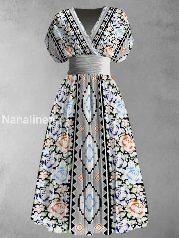 Retro Boho Floral Art Printed Elegant V-Neck Vintage Short Sleeve Maxi Dress A / S