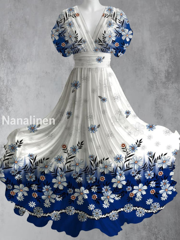 Retro Boho Floral Art Printed Elegant V-Neck Vintage Short Sleeve Maxi Dress A / S