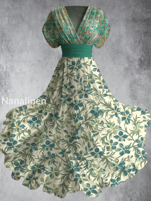 Retro Boho Floral Art Printed Elegant V-Neck Vintage Short Sleeve Maxi Dress A / S