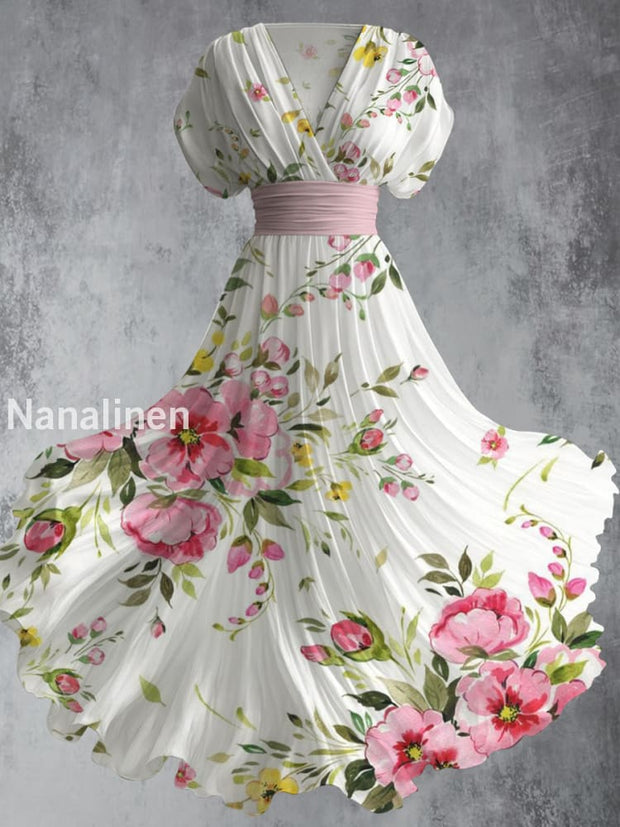 Retro Boho Floral Art Printed Elegant V-Neck Vintage Short Sleeve Maxi Dress A / S