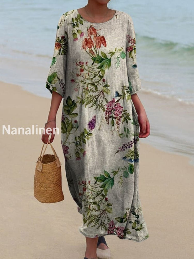 Retro Boho Floral Art Printed Round Neck Vintage Loose Long Sleeves Midi Dress A / S