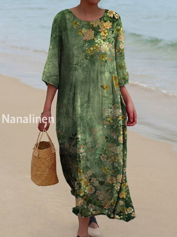 Retro Boho Floral Art Printed Round Neck Vintage Loose Long Sleeves Midi Dress A / S