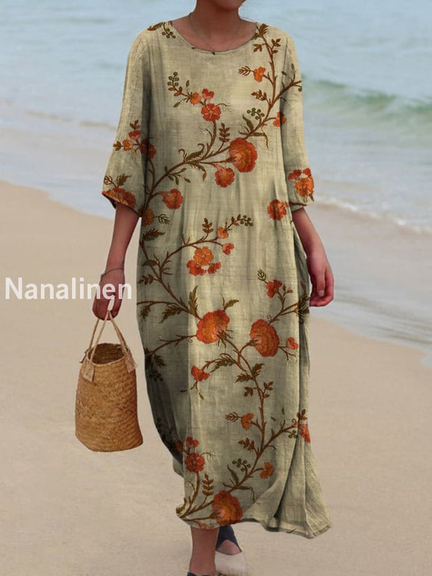 Retro Boho Floral Art Printed Round Neck Vintage Loose Long Sleeves Midi Dress A / S