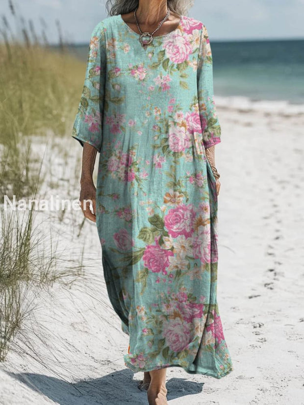 Retro Boho Floral Art Printed Round Neck Vintage Loose Long Sleeves Midi Dress A / S