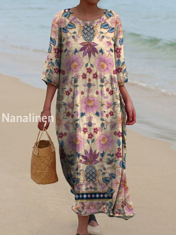 Retro Boho Floral Art Printed Round Neck Vintage Loose Long Sleeves Midi Dress A / S