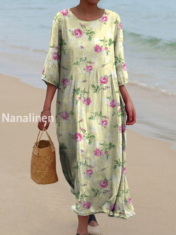 Retro Boho Floral Art Printed Round Neck Vintage Loose Long Sleeves Midi Dress A / S