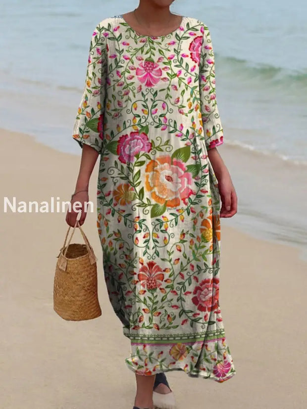 Retro Boho Floral Art Printed Round Neck Vintage Loose Long Sleeves Midi Dress A / S